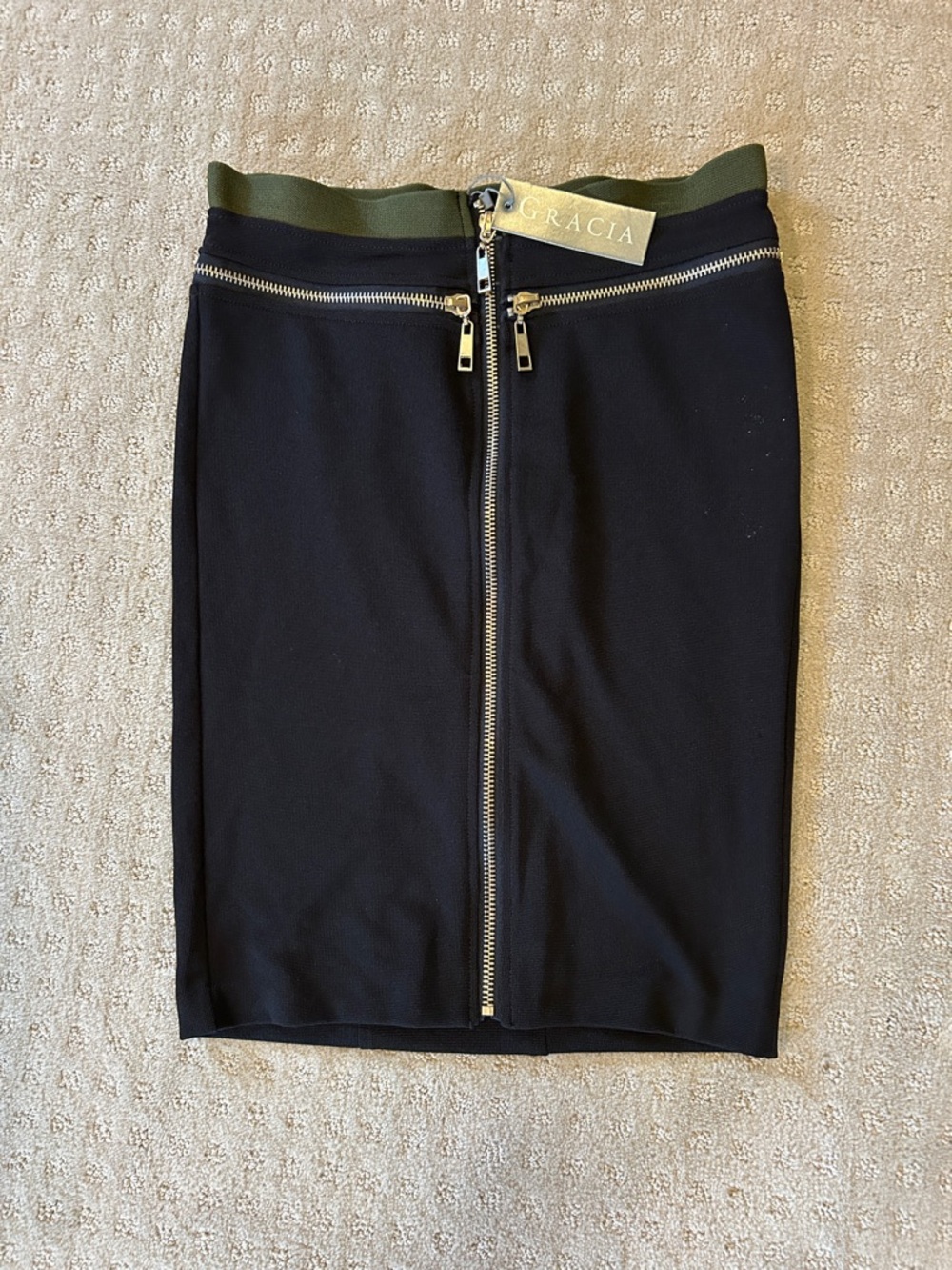 Gracia Black Pencil Skirt with Olive Waistband and Front Zipper